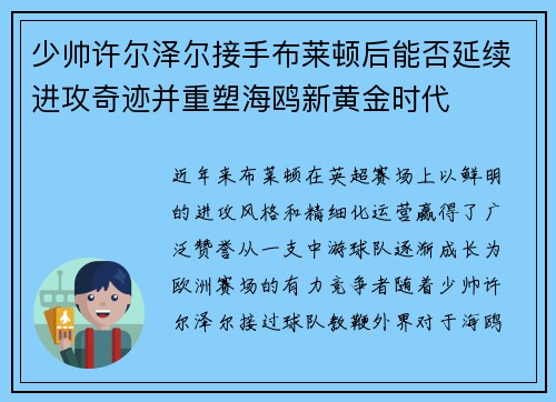 少帅许尔泽尔接手布莱顿后能否延续进攻奇迹并重塑海鸥新黄金时代